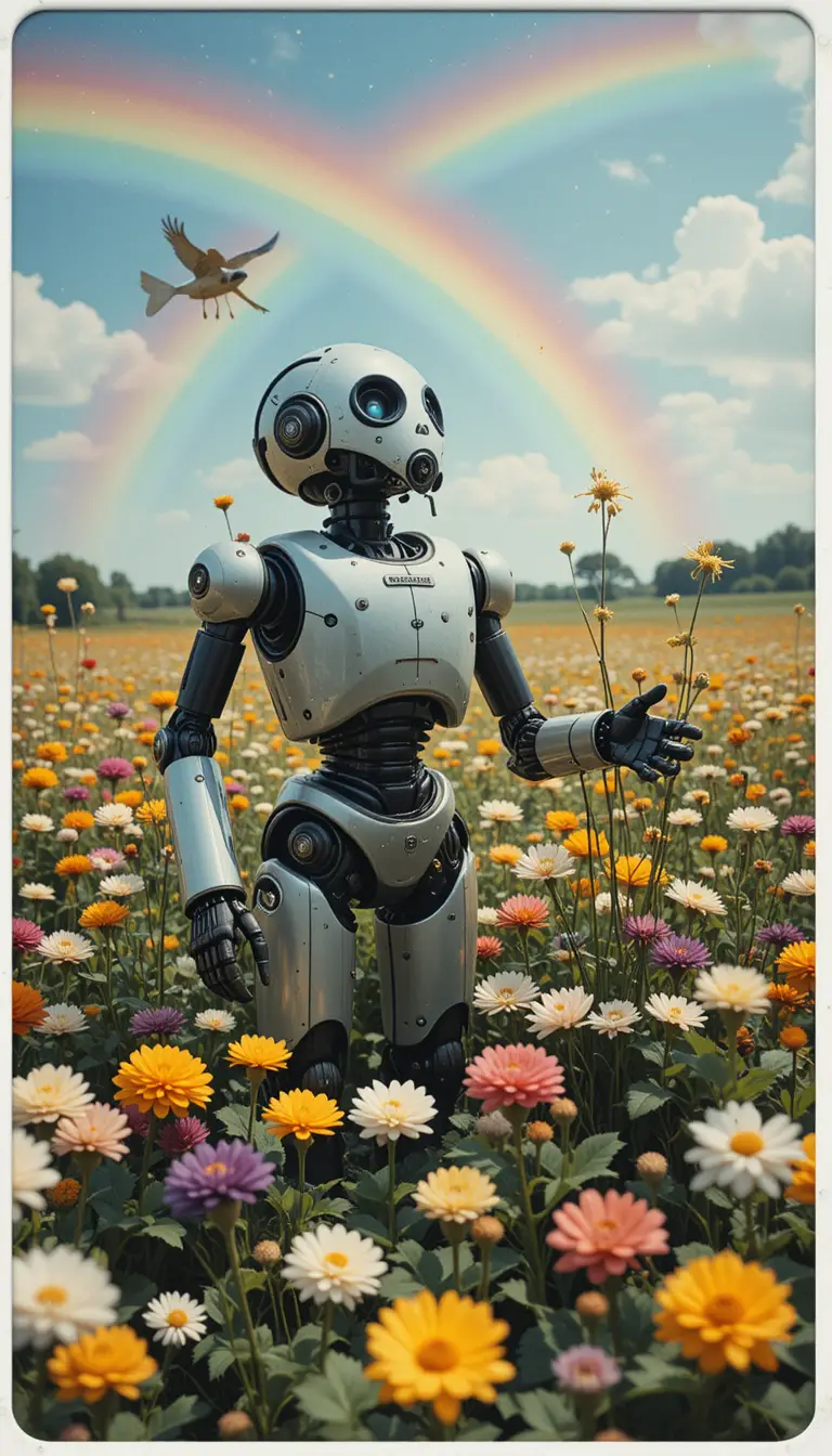 明るい虹の下で花を摘む優しいロボット