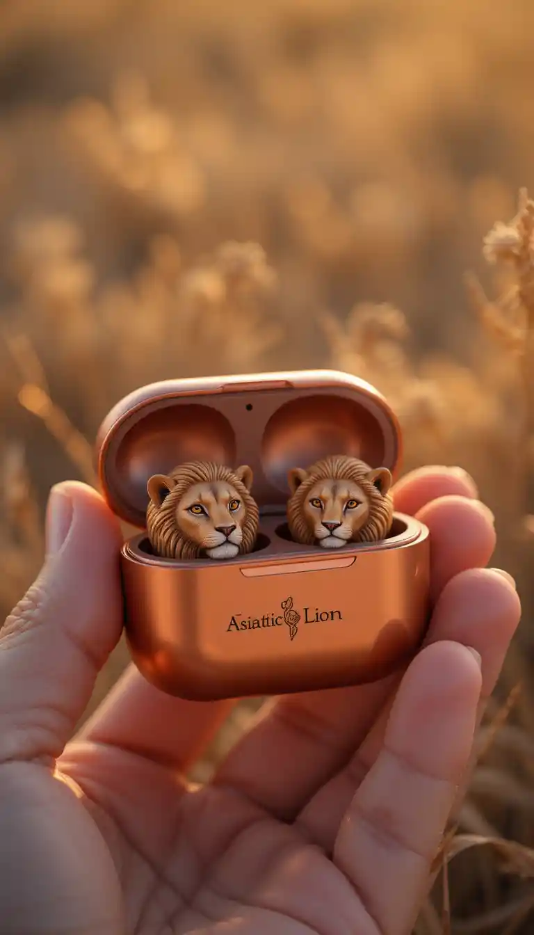 Auricolari con leone asiatico in una custodia dorata aperta al tramonto