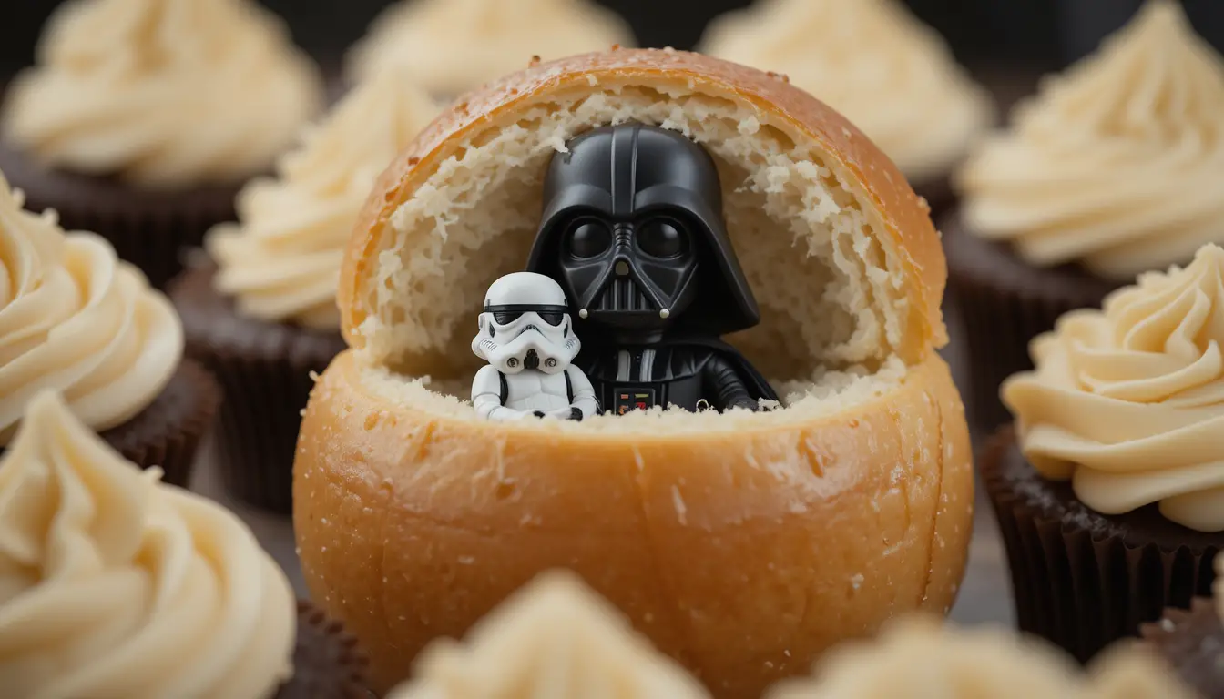 Minuscules silhouettes sombres dans un pain avec des cupcakes