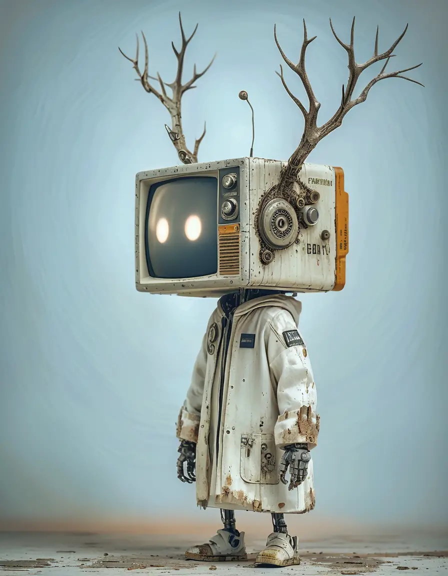 ボロボロの白衣と角を生やしたテレビ頭のロボット