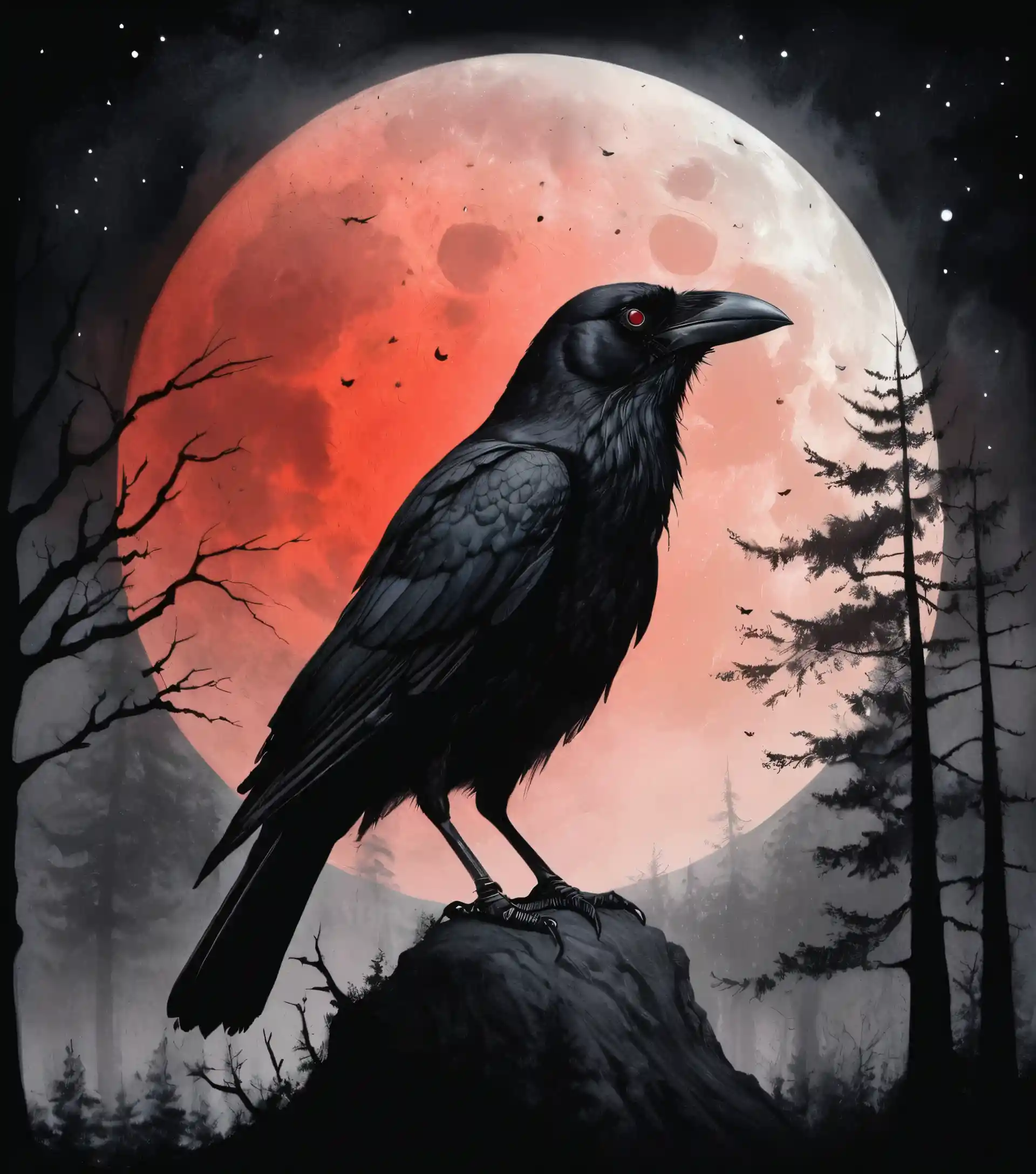Corvo a basso angolo sotto una luna rosso sangue
