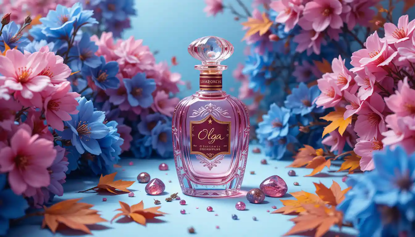 Flacone di profumo in cristallo rosa tra fiori blu e rosa