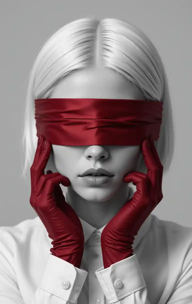 Black and white portrait of blindfolded woman with gloves