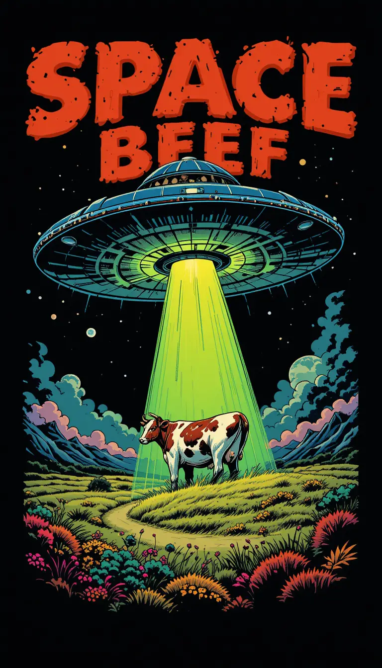 Retro-Comic: Fliegende Untertasse entführt Kuh auf einem Feld