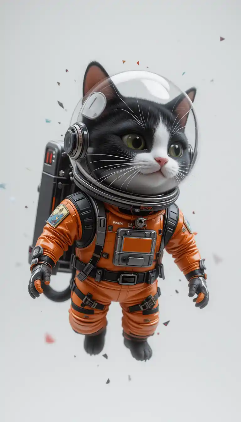 Black and white 3D cat in orange astronaut suit