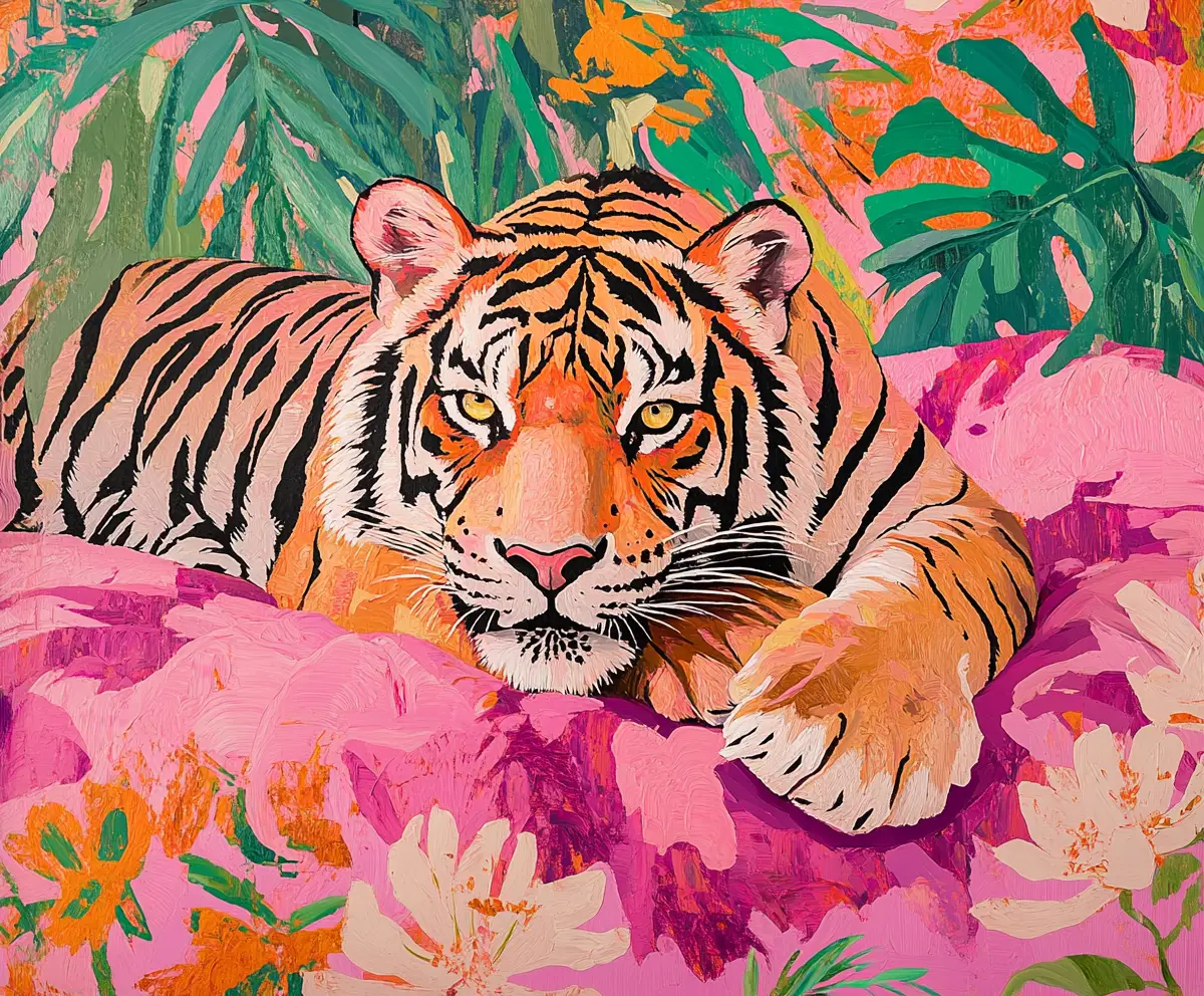 Tigre che riposa su un letto floreale rosa nella giungla