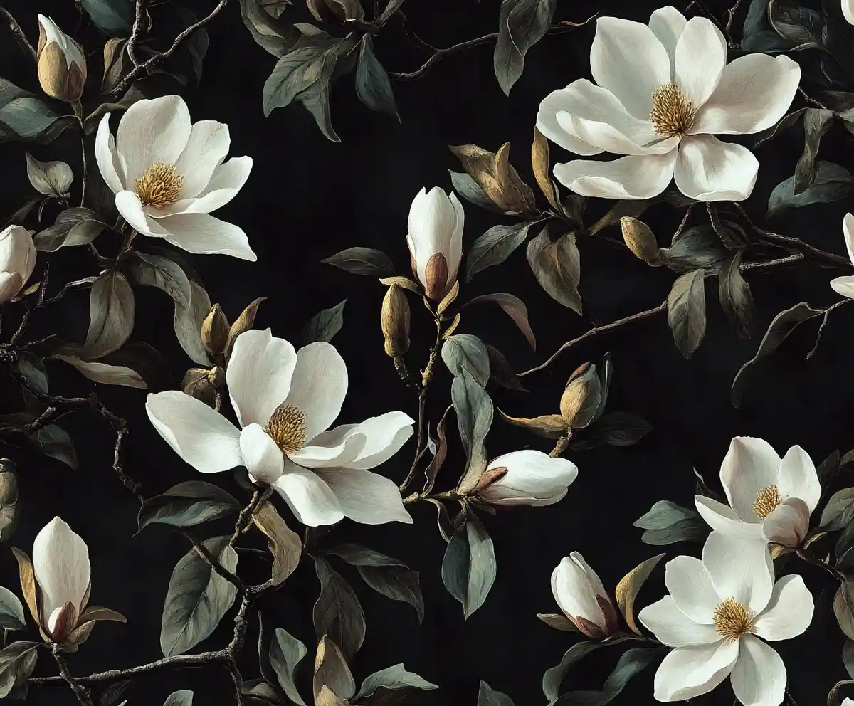 Dark Magnolia Floral Painting On Black Background