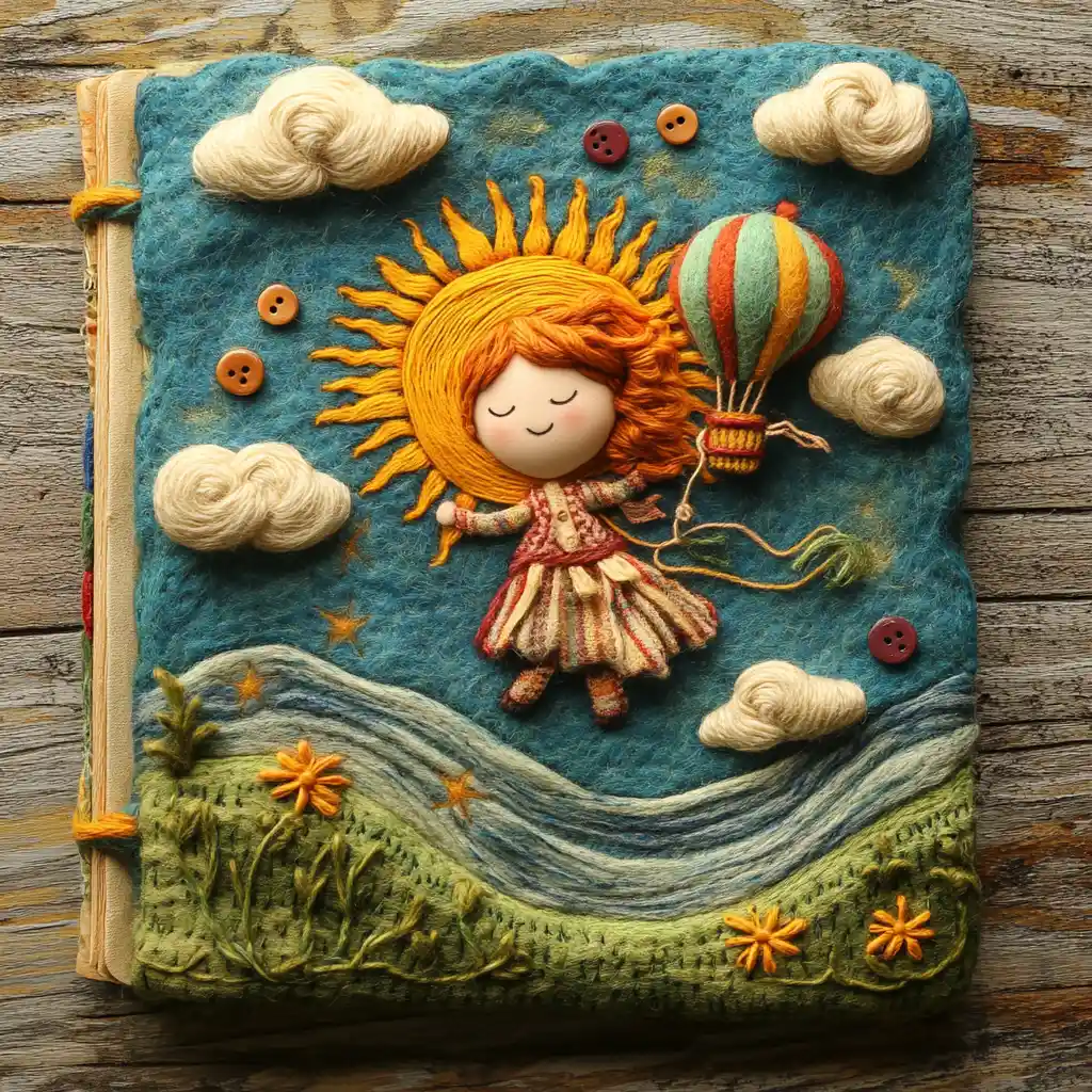 Whimsical handmade scene of a girl in a hot air balloon
