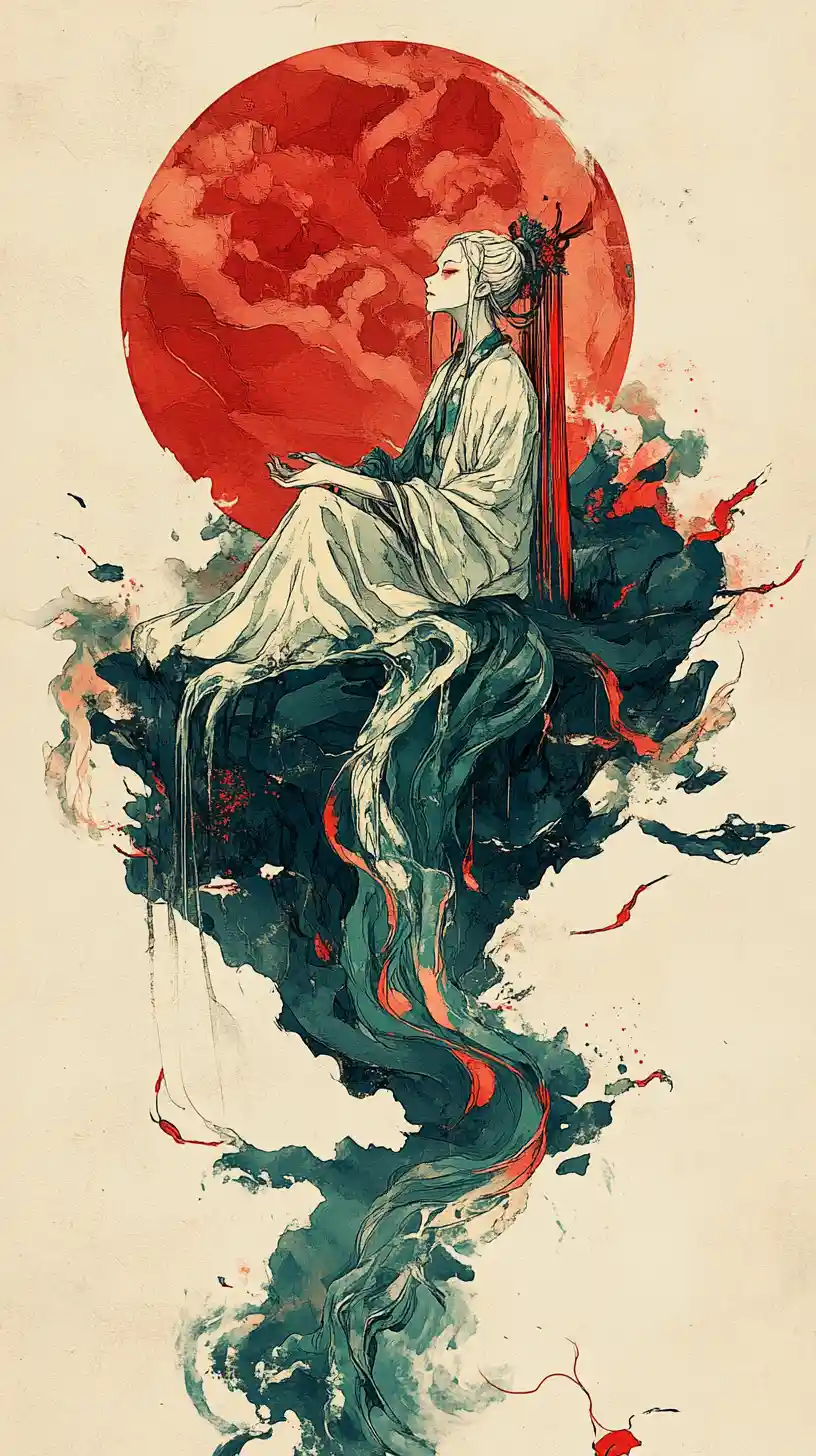 White cat sitting by a crescent moon in ink illustration