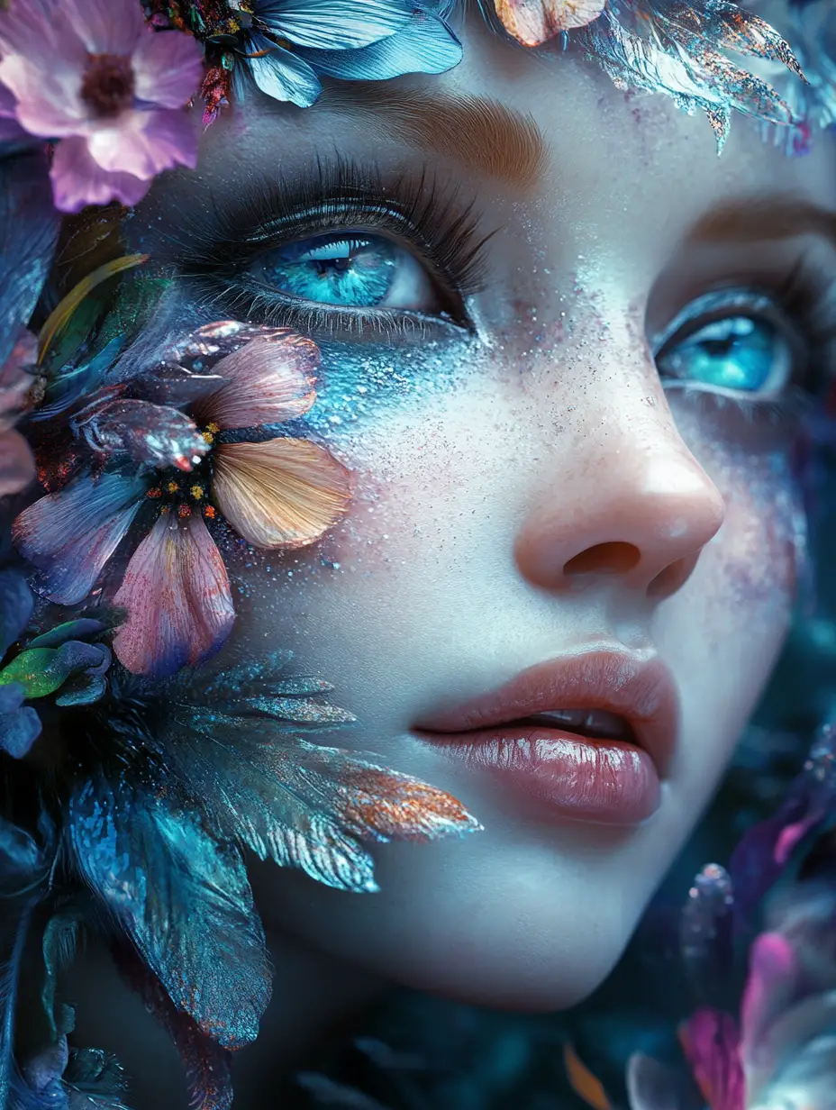 Elfe femme fantastique au visage floral et aux cils plumés