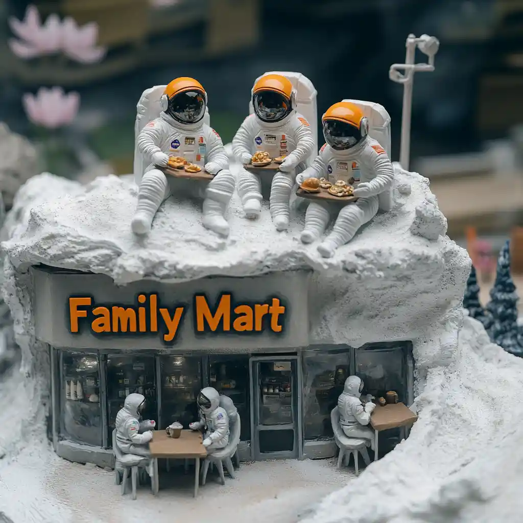 Famiglia di astronauti a cena in un diorama di caffè sul tetto della città