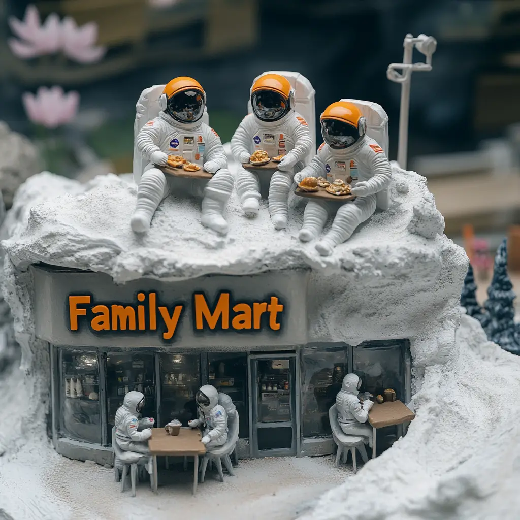 Astronautenfamilie beim Essen im Dachcafé-Diorama der Stadt