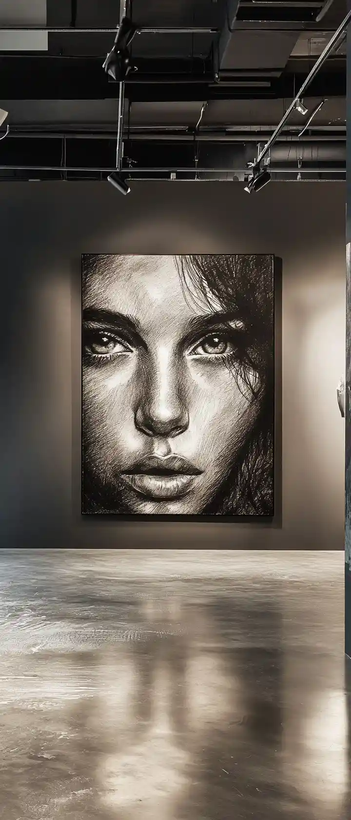 Schwarz-weiße Bleistiftporträtzeichnung in einer modernen Ausstellungshalle