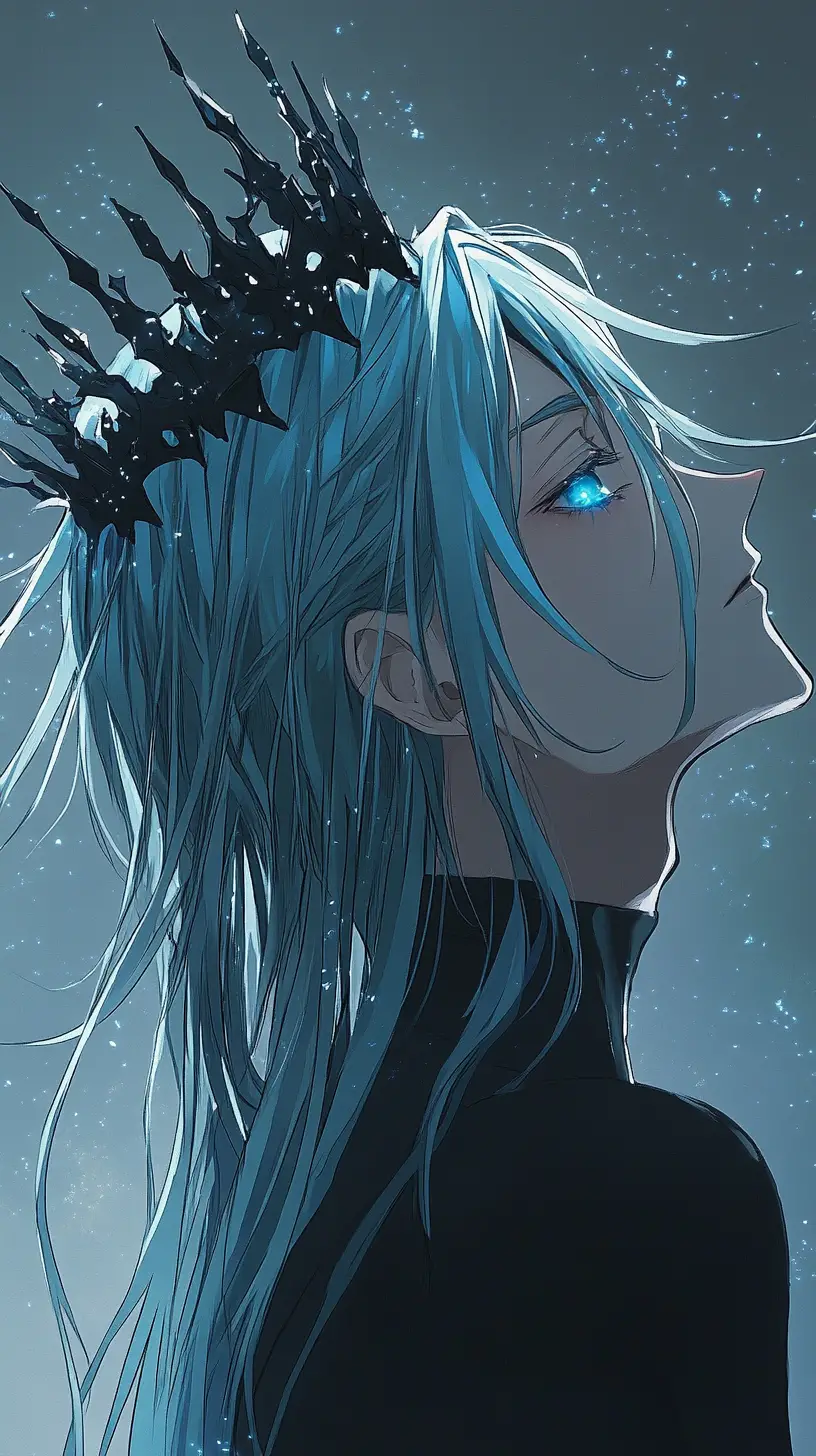 Mystischer Anime-Prinz im Profil mit leuchtend blauen Augen