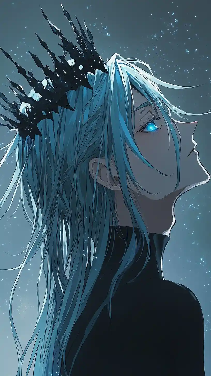 Mystical anime prince with glowing blue eyes in profile