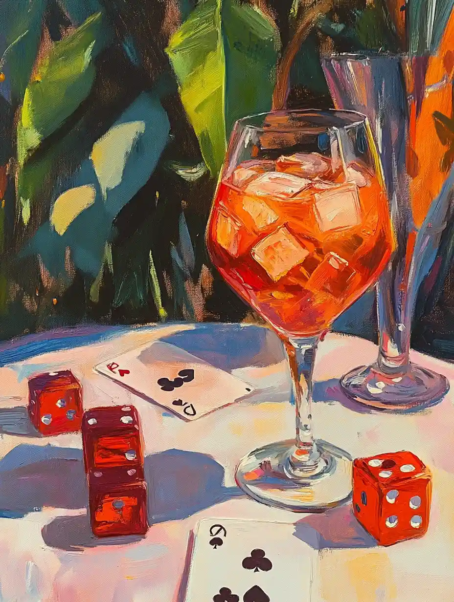 Dipinto a olio di un cocktail e giochi su un tavolo