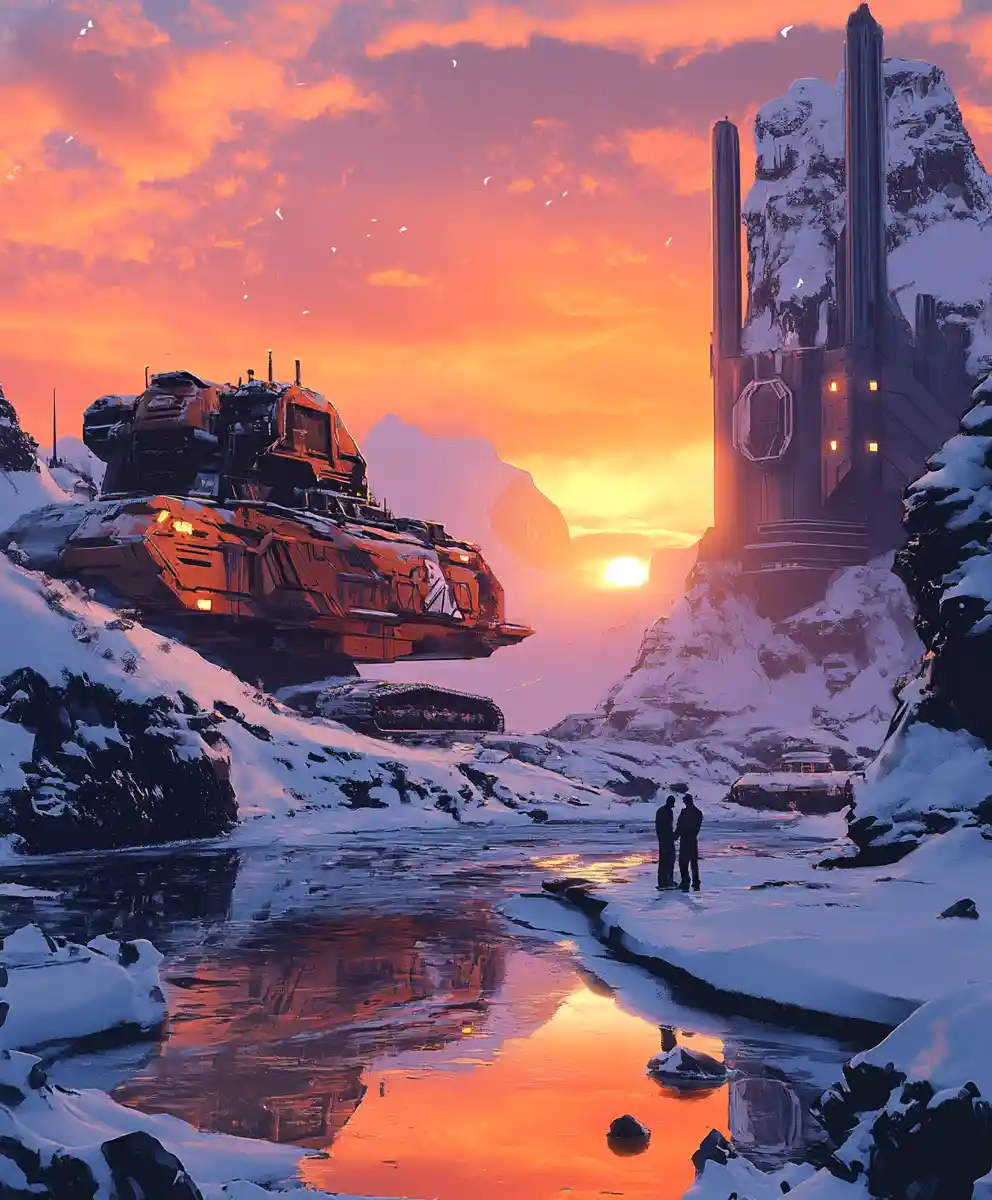 Macchinari futuristici che svettano su un lago di montagna innevato al tramonto