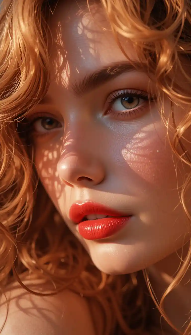 光澤紅唇女子的寧靜特寫人像