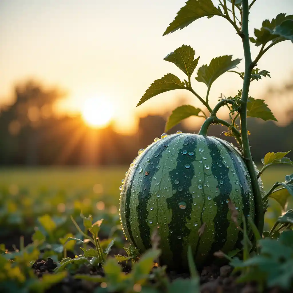 Dew kissed watermelon on vine in sunrise field