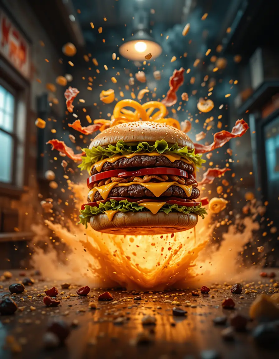 Explodierende Cheeseburger-Schichten in der Luft eingefroren