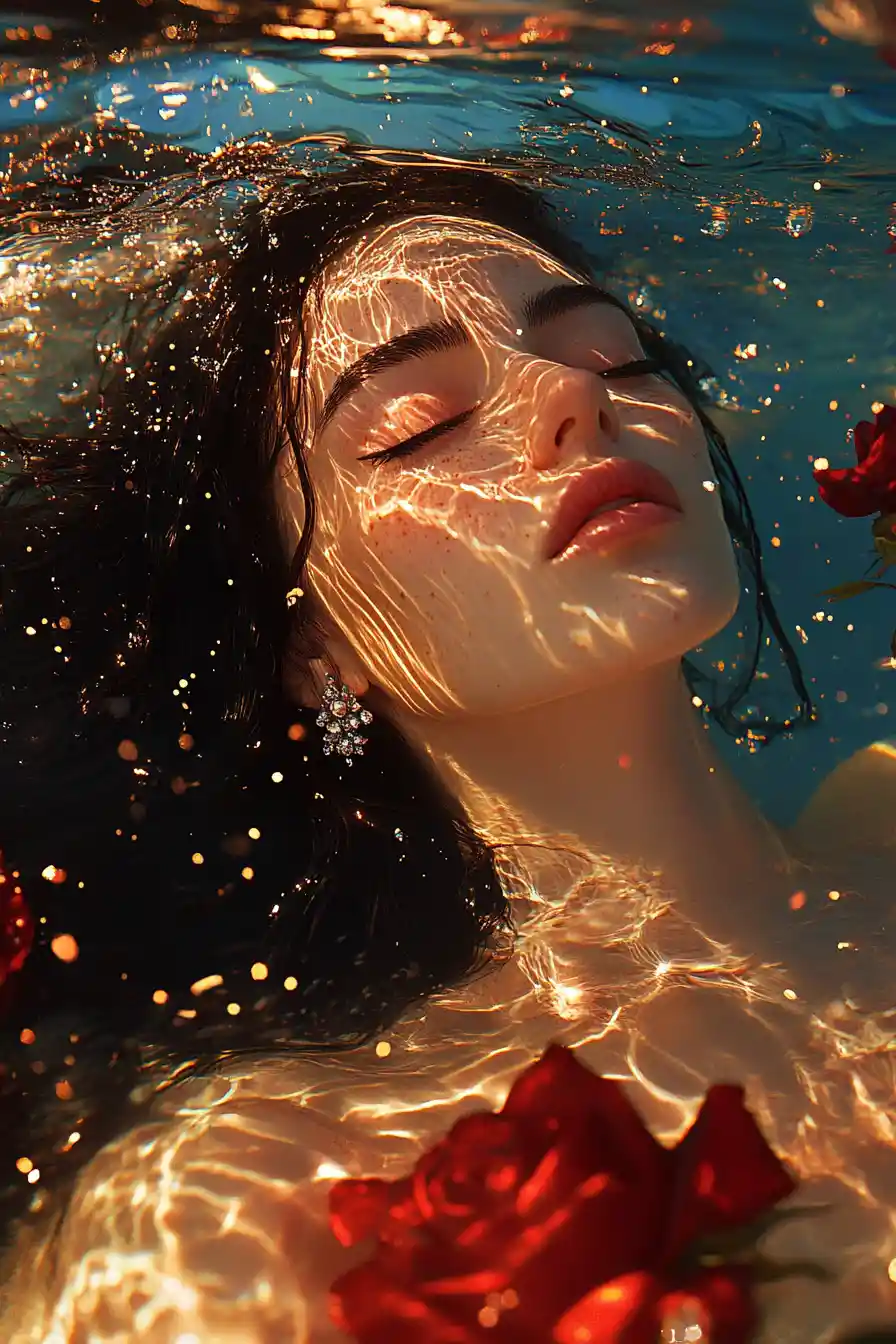 Woman Underwater Holding Red Roses In Golden Light
