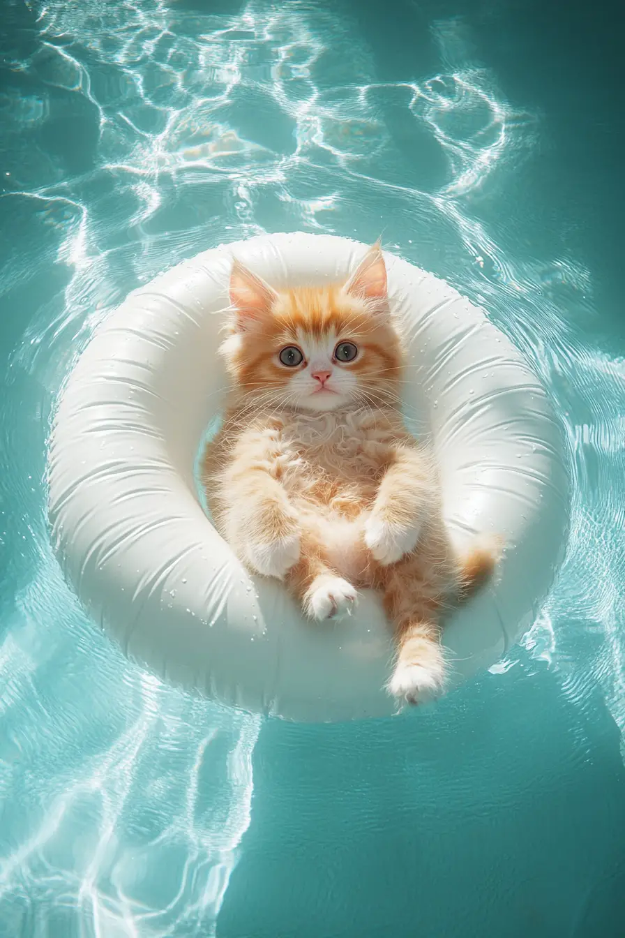 Adorable chaton jaune flottant sur une bouée blanche