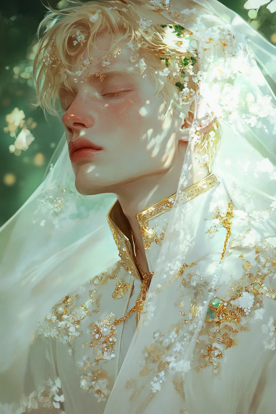 Portrait éthéré d’un homme pâle en costume blanc