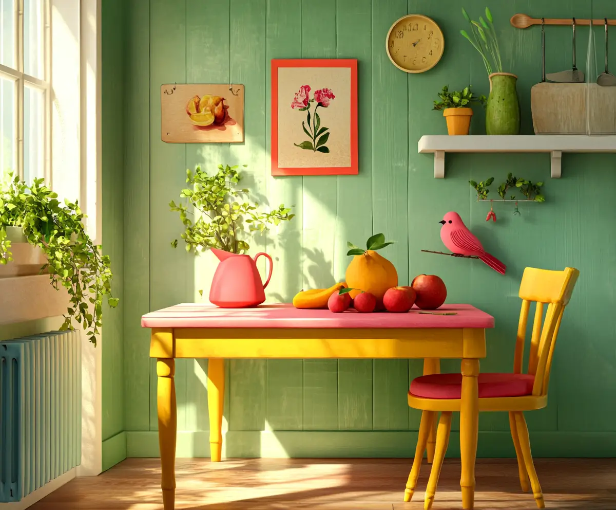 Cena colorida de mesa de cozinha ensolarada com decoração divertida