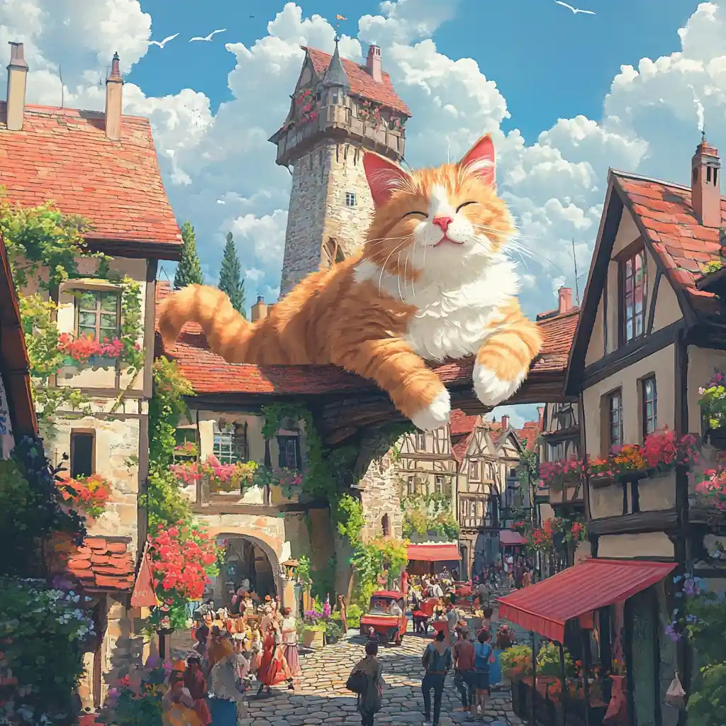 Gato gigante y esponjoso descansando sobre un pueblo soleado