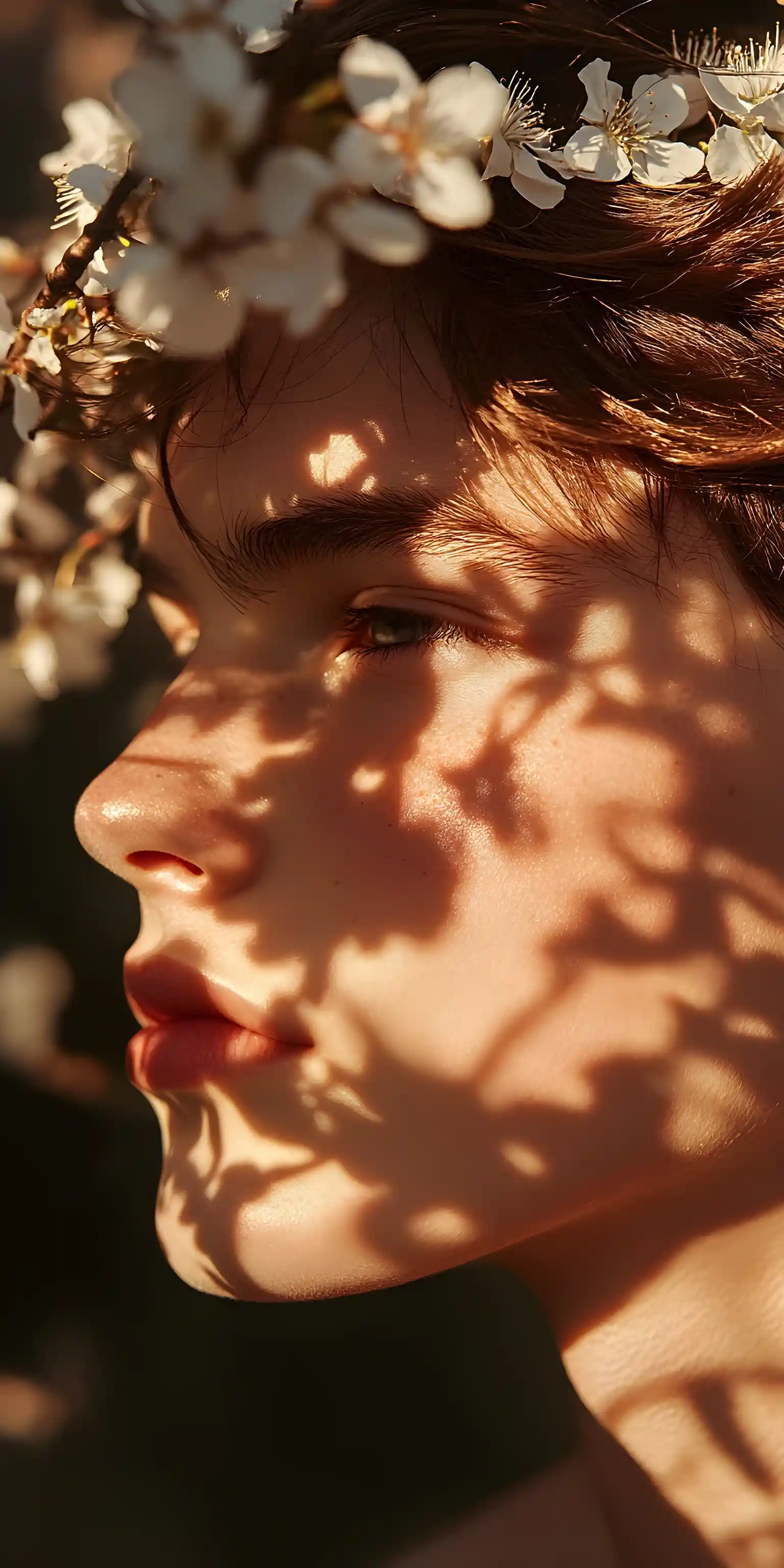 Aristocratic boy in cherry blossom crown in soft spring light