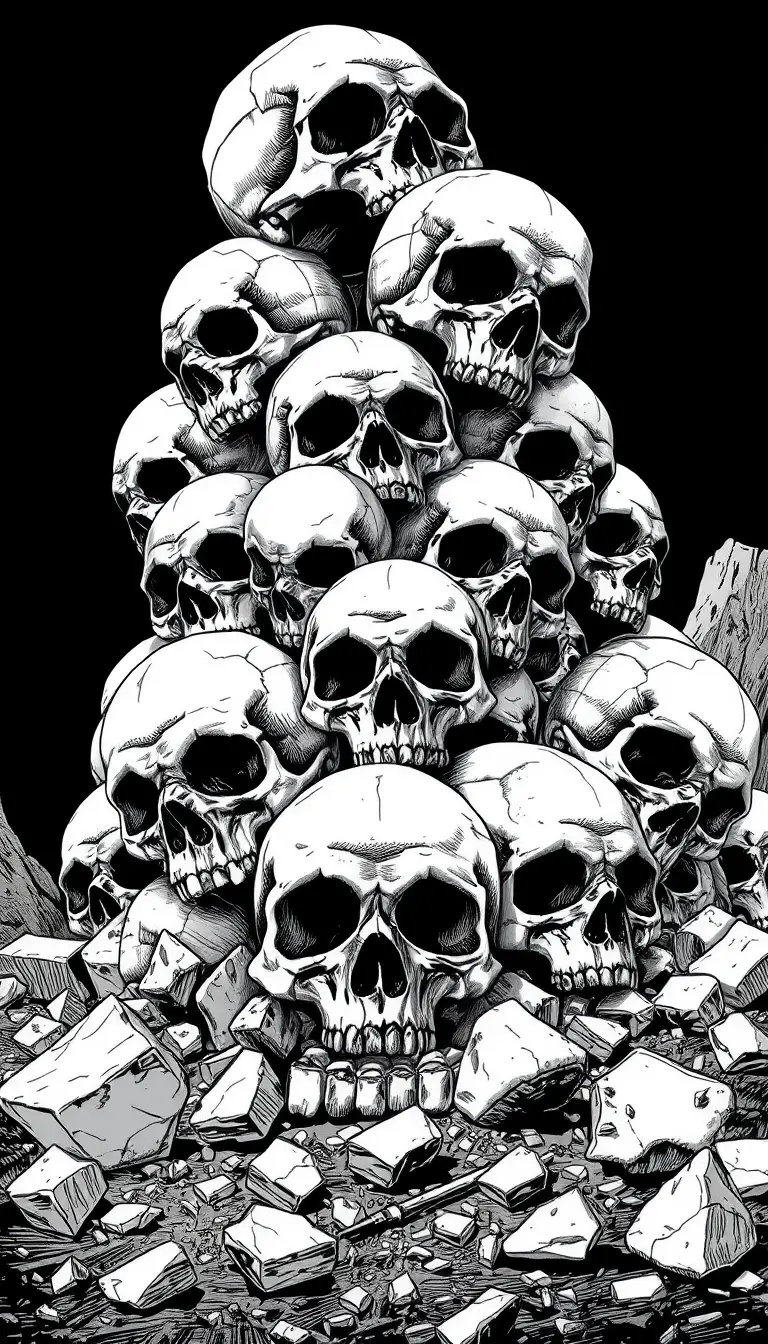 強いコントラストで描かれた人間の頭蓋骨の山のマンガイラスト