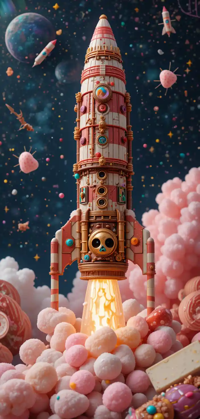 Razzo di Caramelle Steampunk Pronto al Lancio dalla Torre