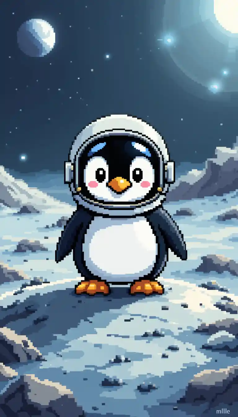 Cute pixel art penguin astronaut on the moon surface