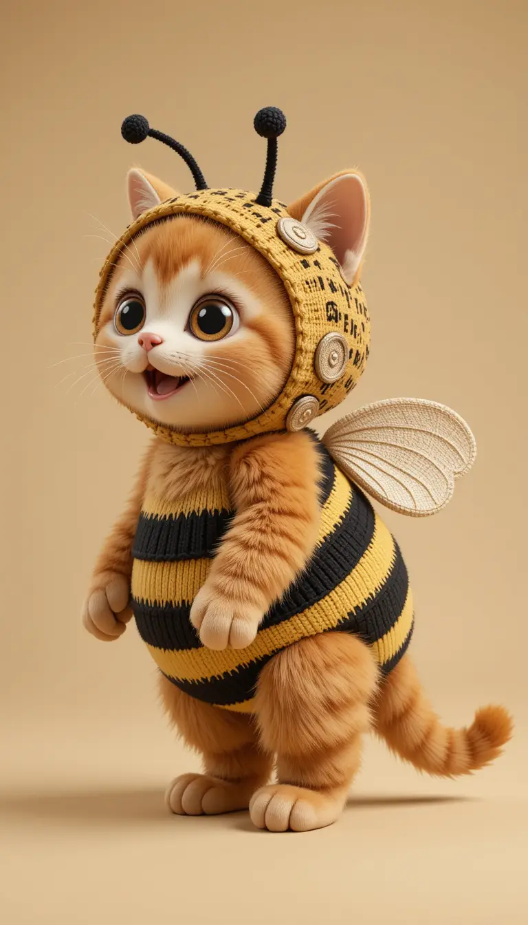 Pummeliges orangefarbenes Tabby-Kätzchen im handgefertigten Bienenkostüm – Rundum-Ansicht