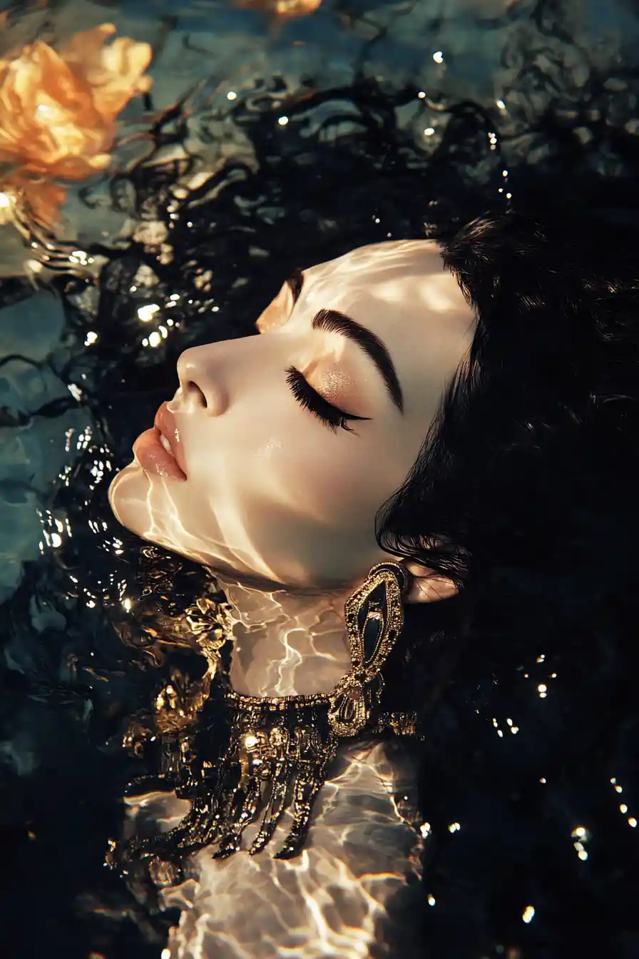 Cleopatra Floating Underwater In Golden Mystic Light