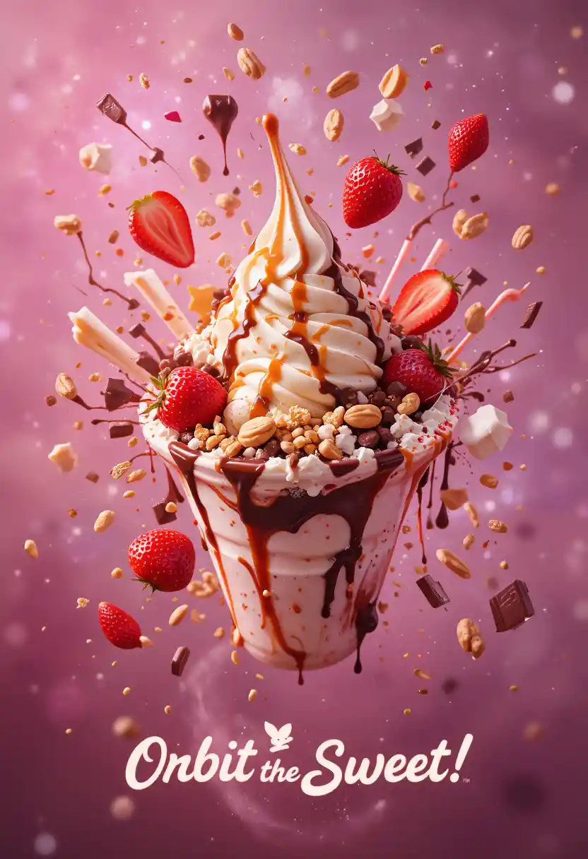 Floating ice cream sundae exploding into a cosmic nebula