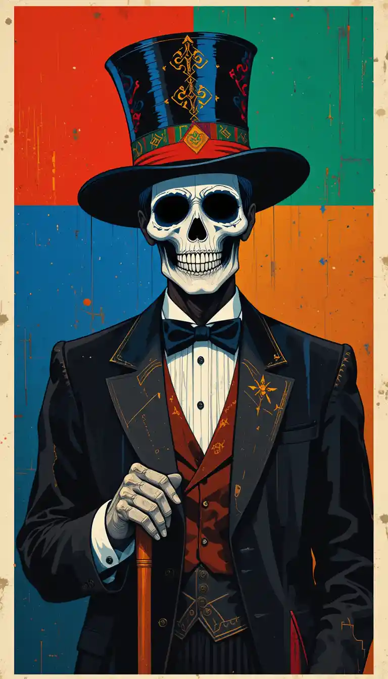 Illustrazione digitale in stile Bauhaus della figura di Baron Samedi