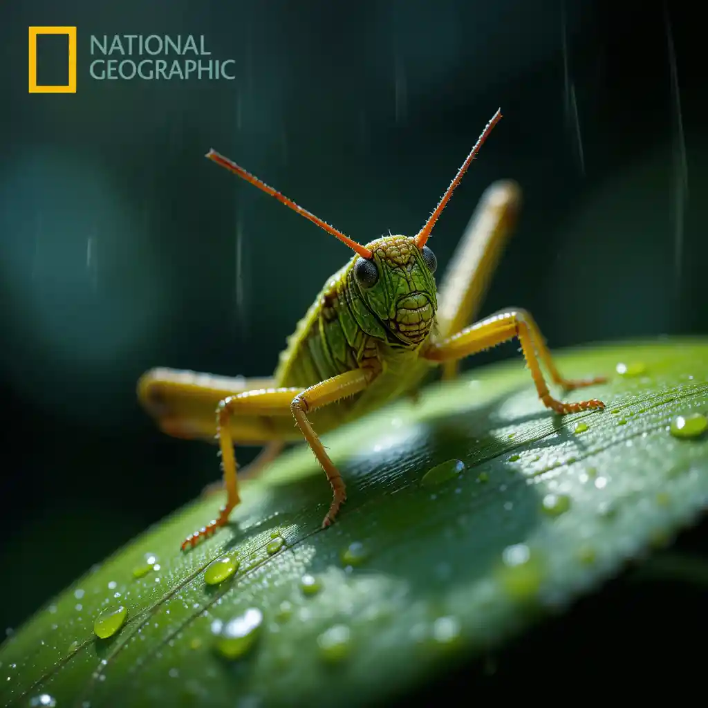 Grasshopper close up on dewy green leaf at sunrise