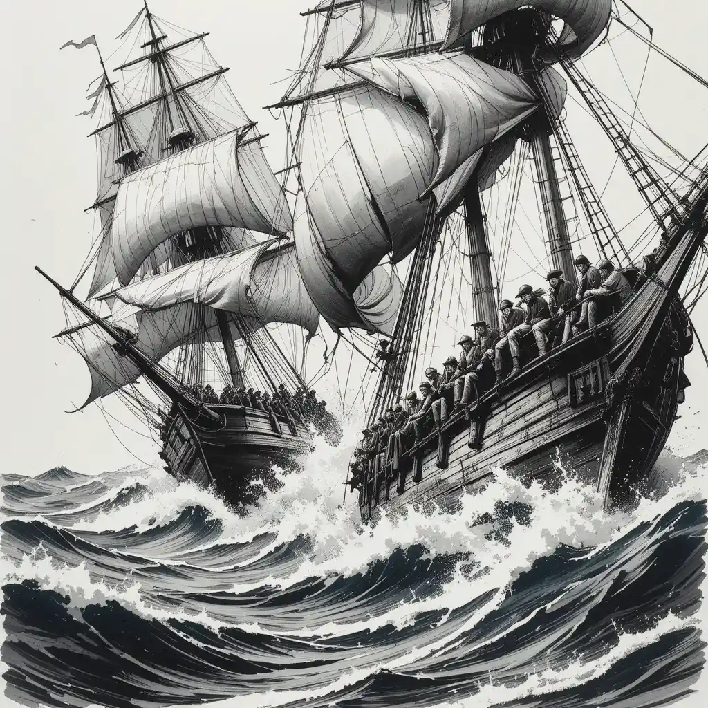 Pirate Ship Attacks Merchant Vessel In Stormy Sea