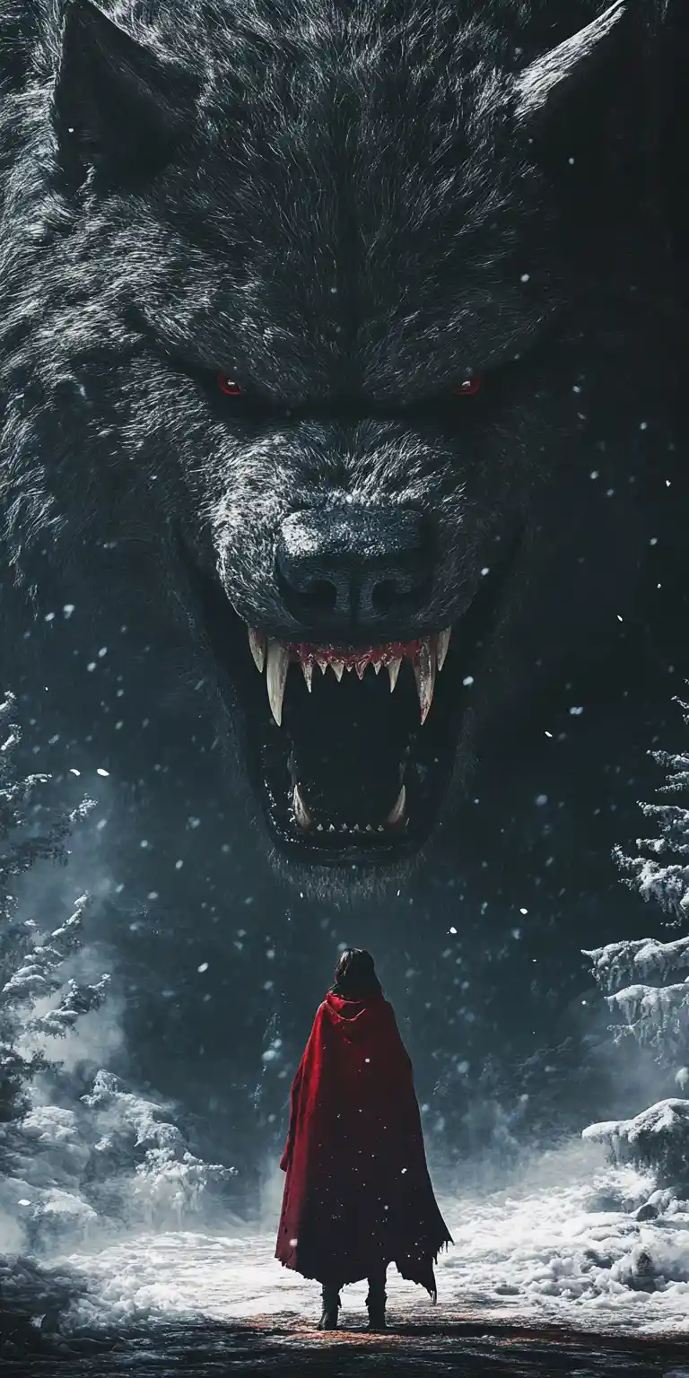 Woman In Red Cloak Facing Giant Werewolf In Dark Forest