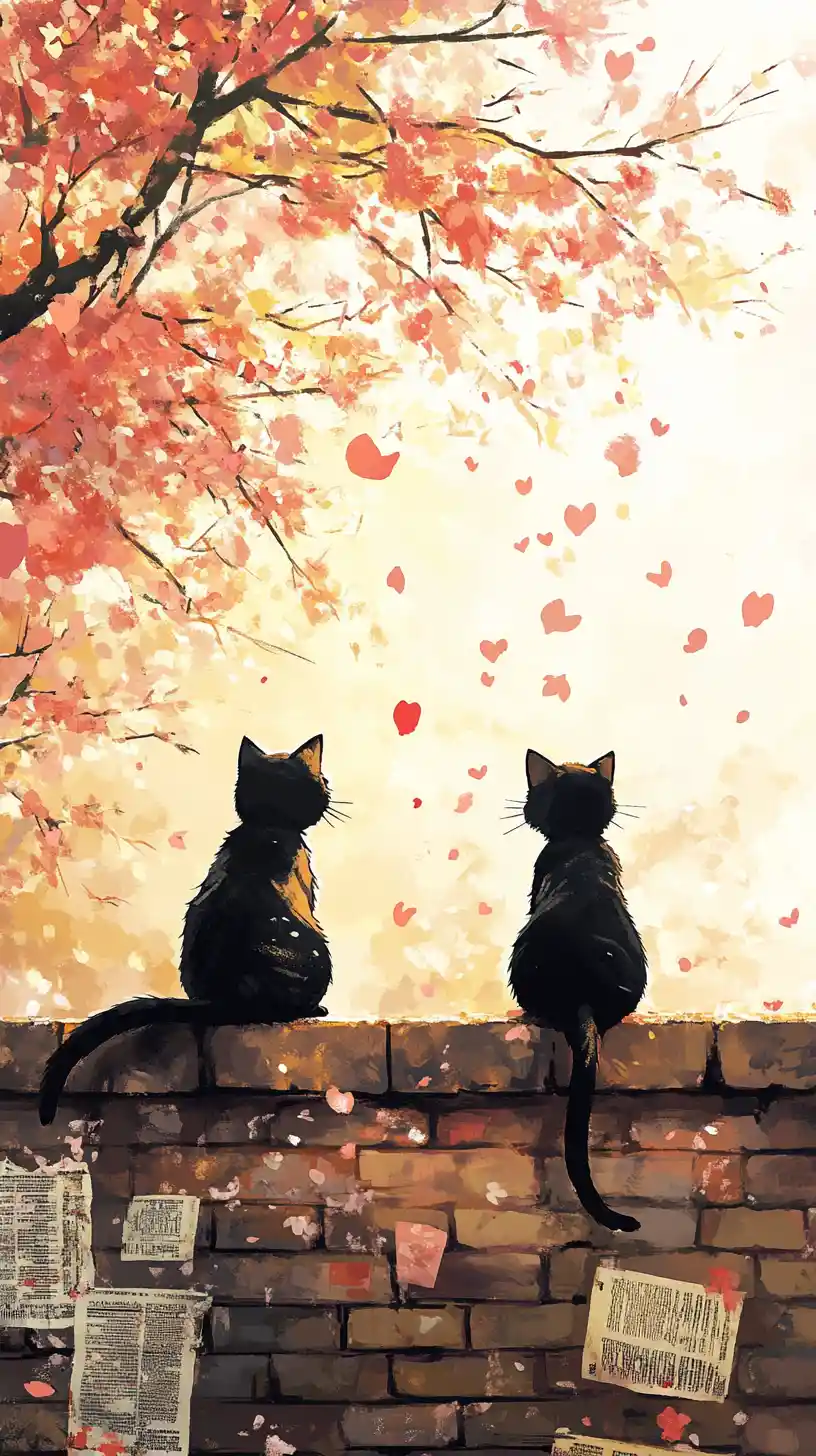 Due gatti su un muro sotto un ciliegio in fiore