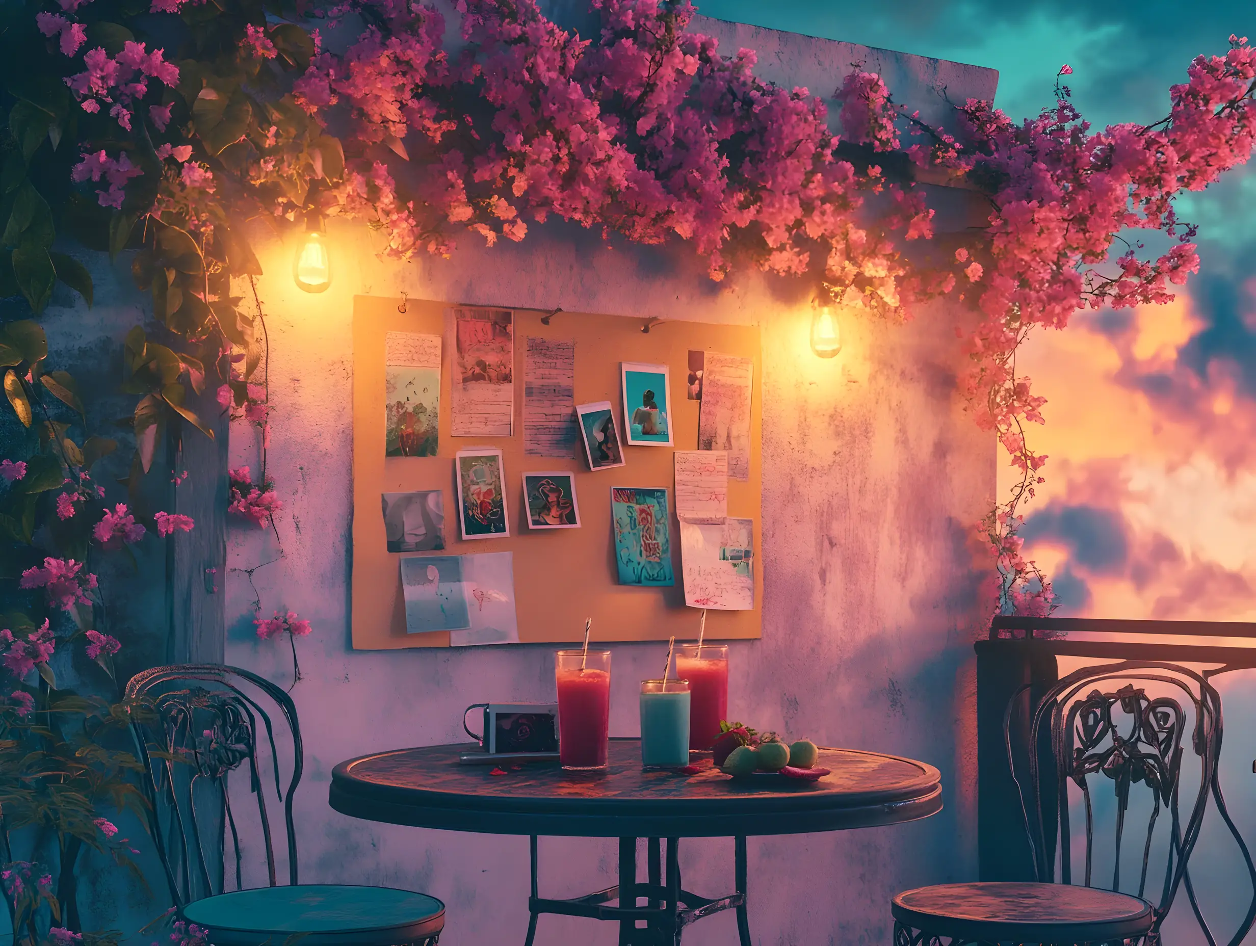 Dachterrasse mit rosa Blüten und Bistro-Sitzplätzen