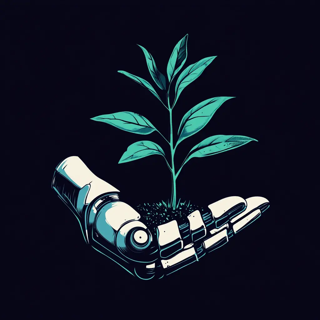 Futuristisches Logo einer Roboterhand mit einem keimenden Pflänzchen