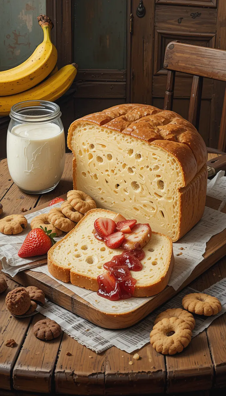 Rustikales Frühstücks-Stillleben mit Brot, Käse und Obst