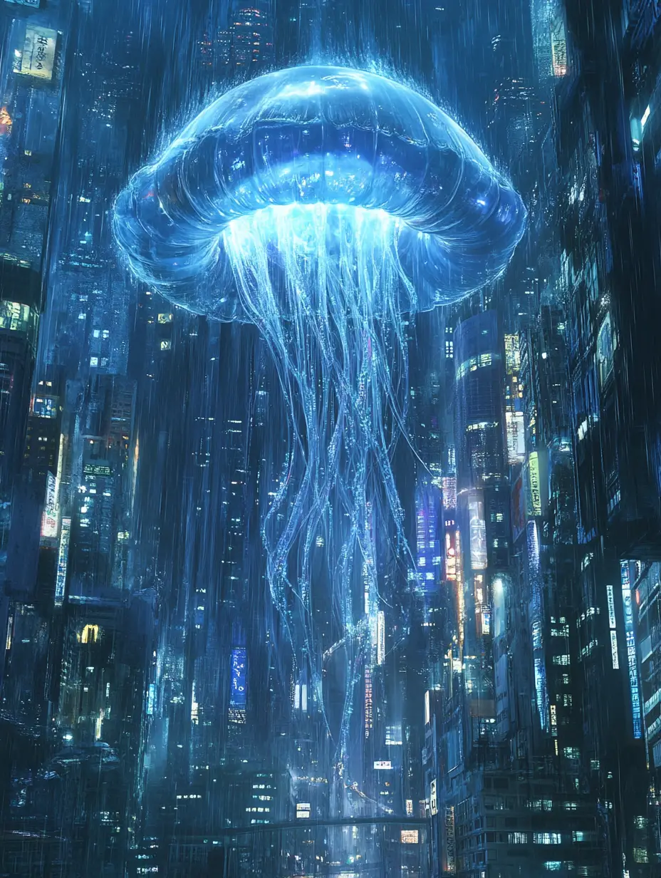 未来的な雨の都市の上に浮かぶ巨大な透明クラゲ