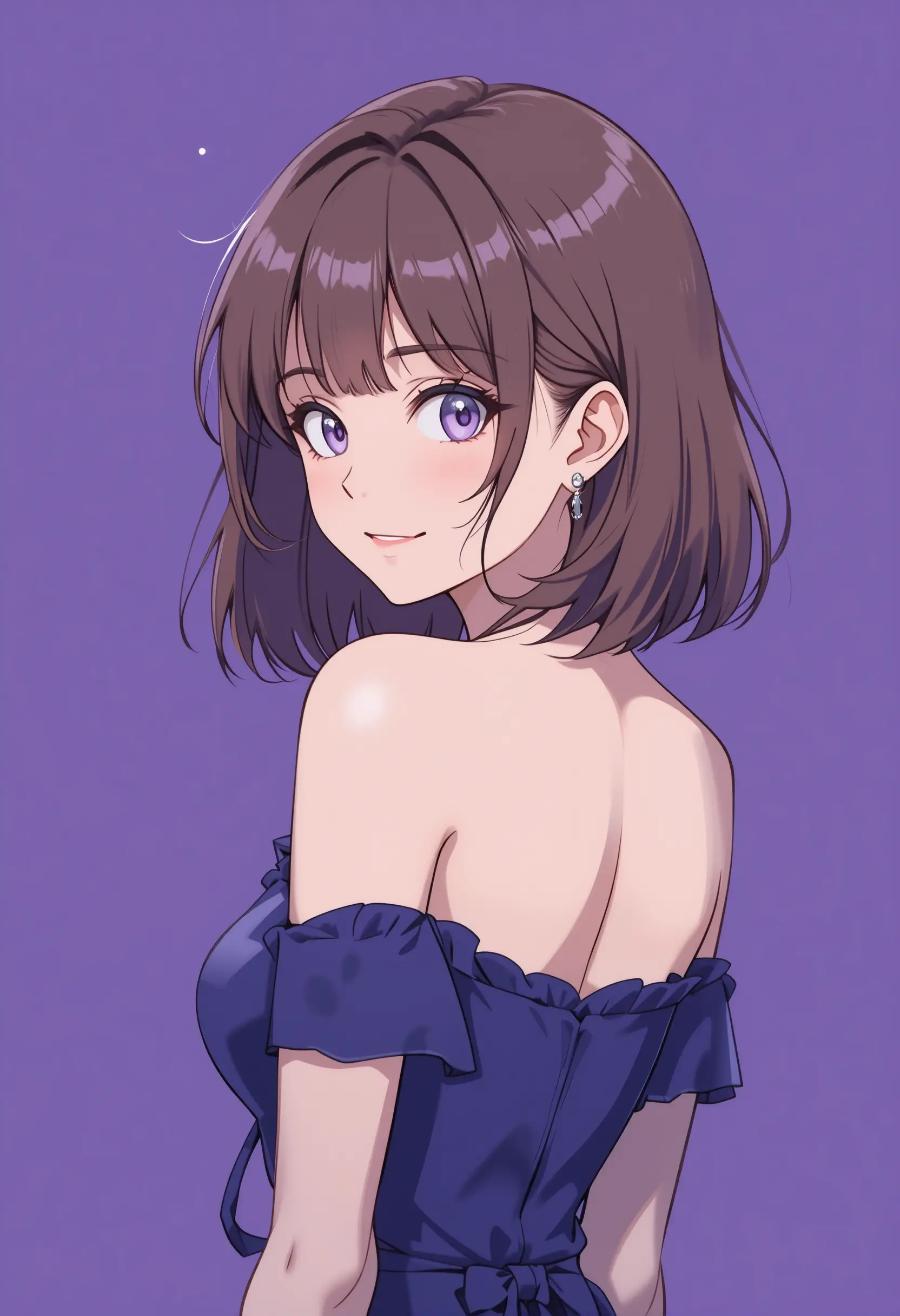 Anime-Mädchen im blauen Kleid vor violettem Hintergrund