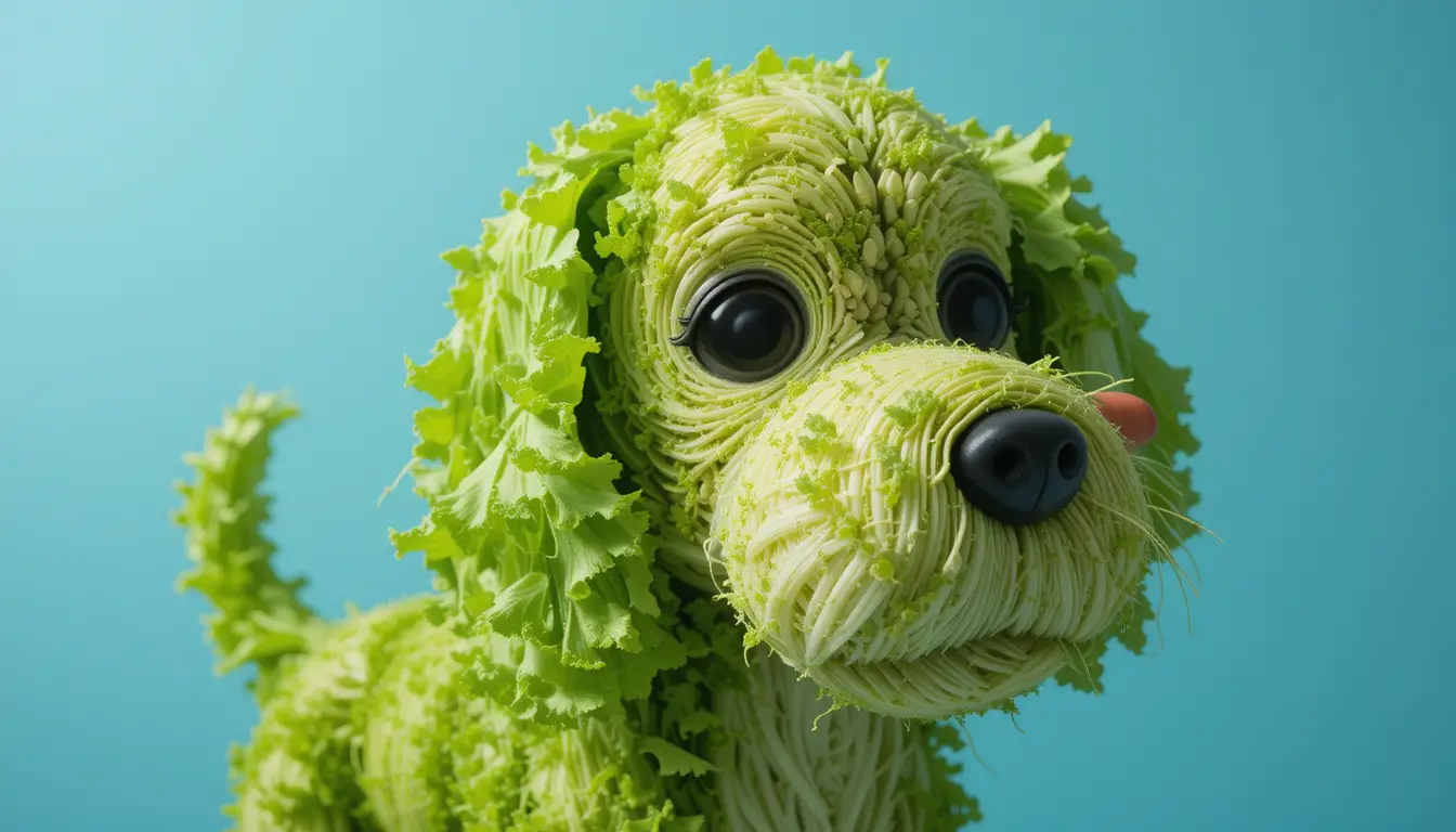 ライトブルーの背景にあるユニークな野菜の犬の彫刻