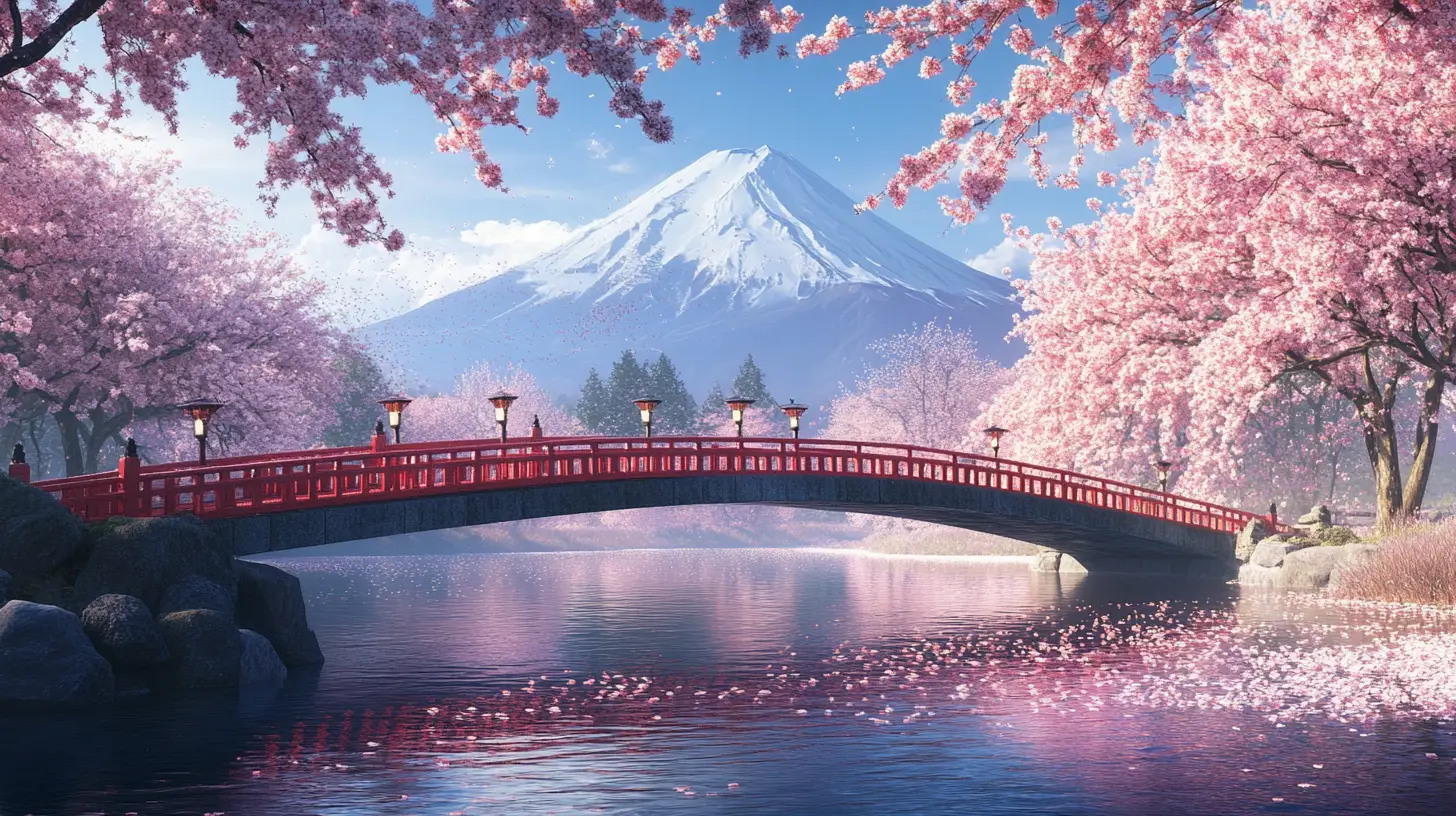櫻花與富士山映照下的寧靜河流紅橋