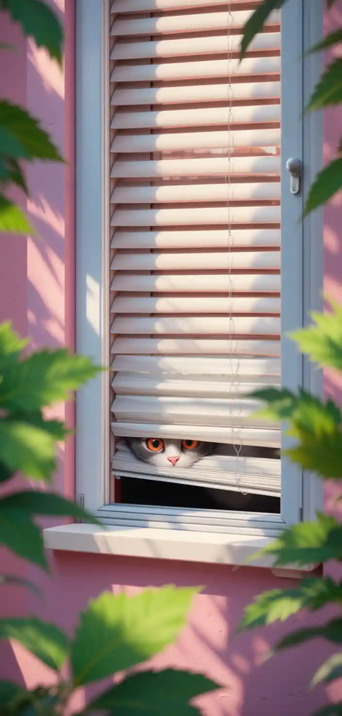 Curious cat peeking from dark room window blinds
