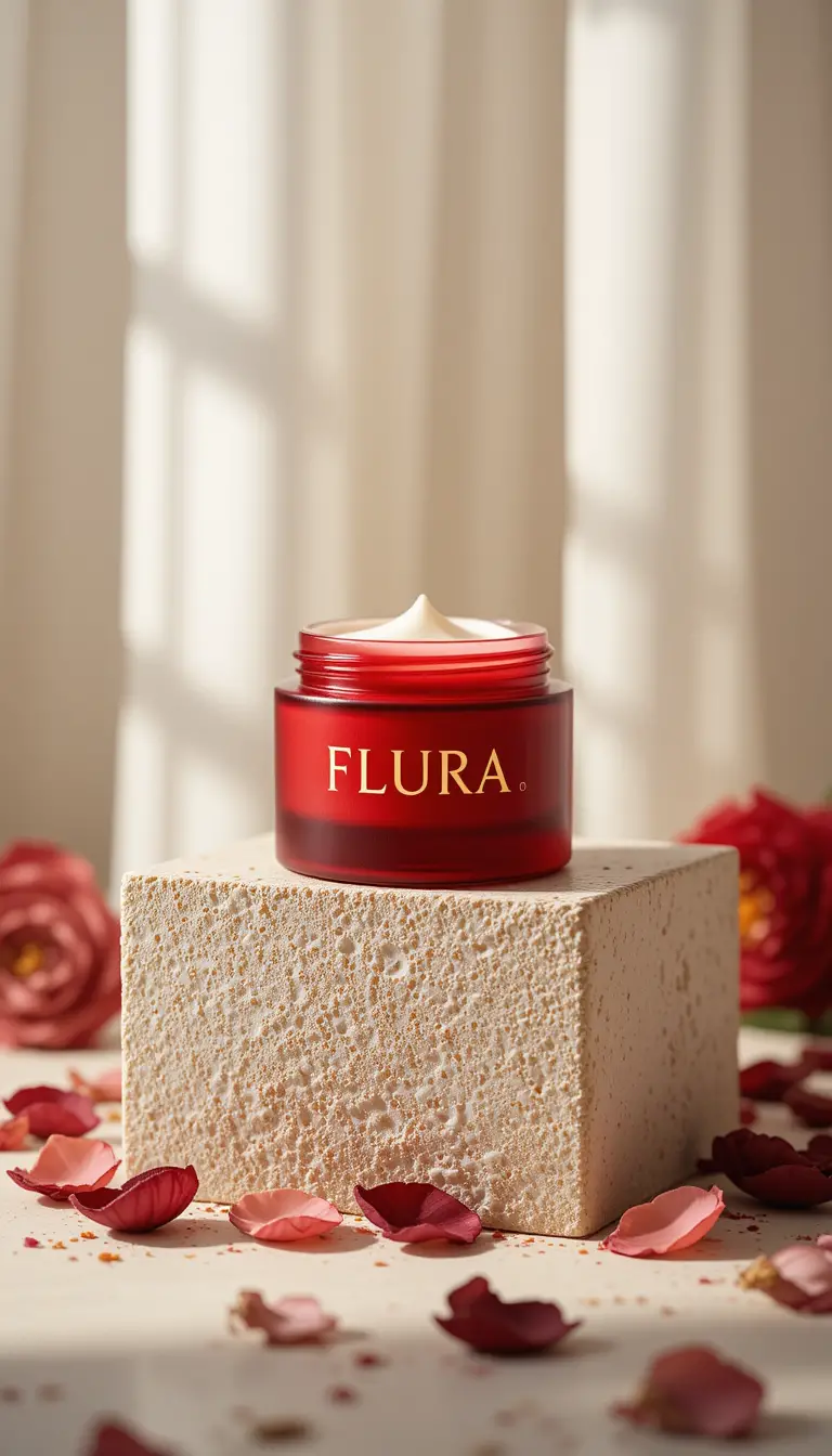 Vaso cosmetico rosso su blocco di cemento beige con petali di rosa